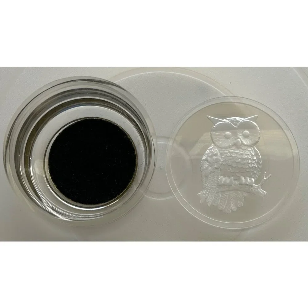 Trinket Jewelry Box Etched Owl Design Lid Round Clear & Black Vintage Look Retro